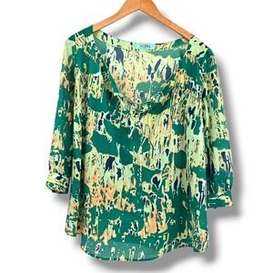 Karlie Green Print Blouse‎ Tie Neck 3/4 Sleeve Semi-Sheer Top Size Unknown
